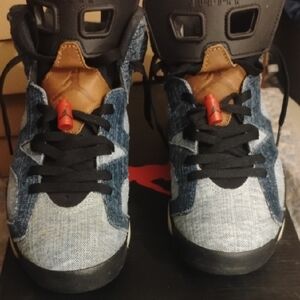Jordan Denim High-Top Sneakers in Blue, Black & Brown with Red Accents